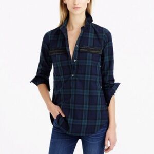 J. Crew Black Watch Plaid Beaded Popover Top Size 00